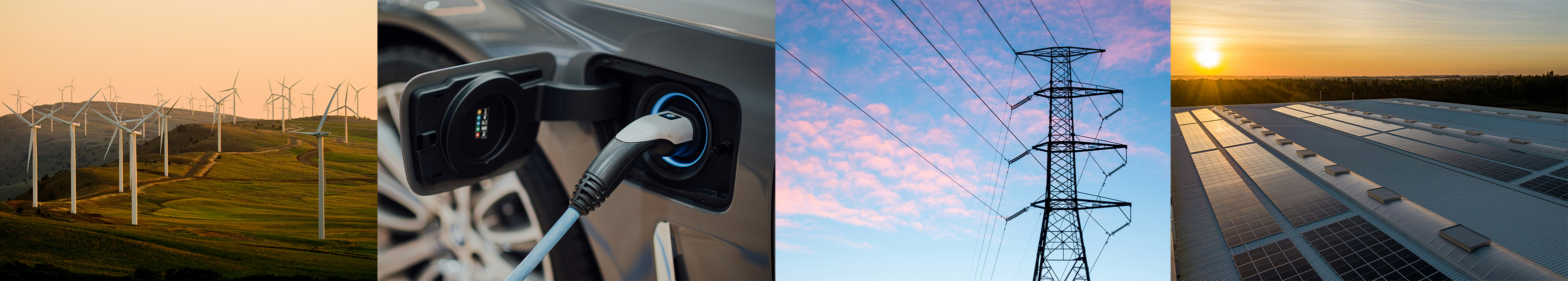 Wind turbines, solar panels, electric charger, high voltage lines